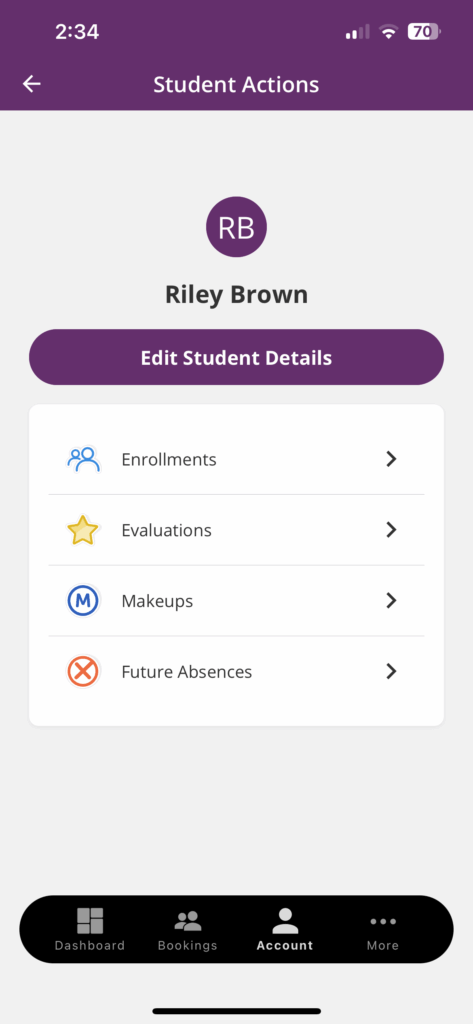 Mobile app screen showing student actions for Riley Brown, with options for enrollments, evaluations, makeups, and future absences.
