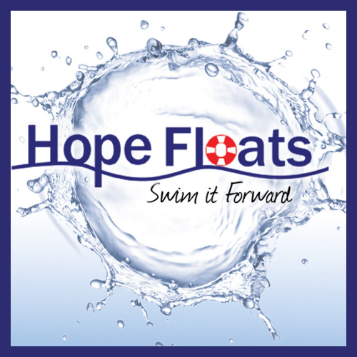 Hope Floats logo featuring a splash of water behind the text, with a life preserver used as the ‘o’ in ‘Floats’ and the tagline ‘Swim it Forward’ below.