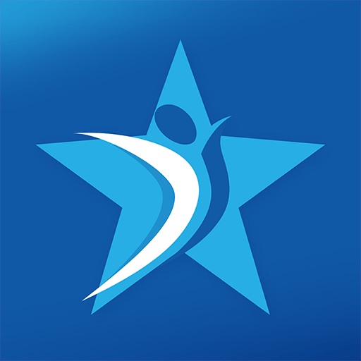 Blue star logo featuring a stylized white and dark blue figure in motion.