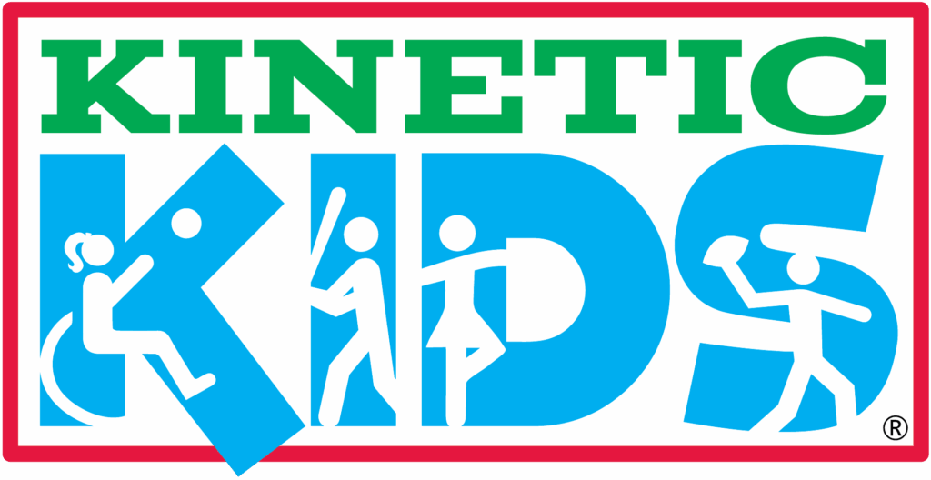 Logo for Kinetic Kids featuring bold green and blue text with stylized figures of children participating in adaptive and inclusive sports.