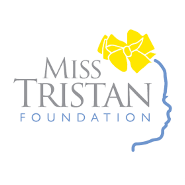 Logo for the Miss Tristan Foundation featuring a yellow bow and a blue silhouette of a child’s profile.